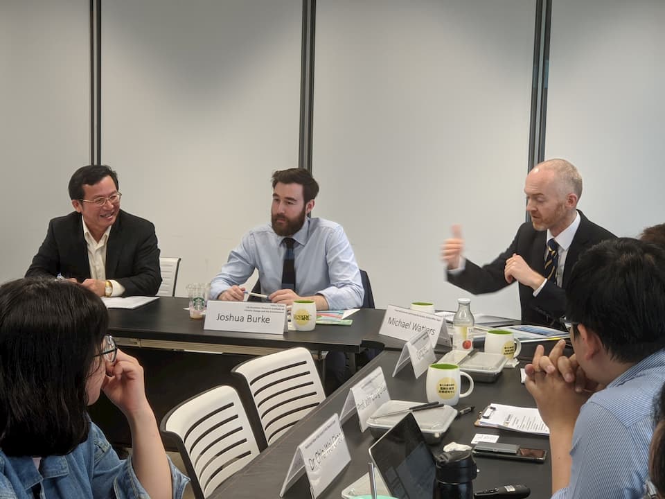 Figure: British Office Taipei Head of Economy and Prosperity Michael Watters giving the opening remarks (right), with Policy Fellow Josh Burke (center) and RSPRC Lead Principal Investigator Kuei-Tien Chou