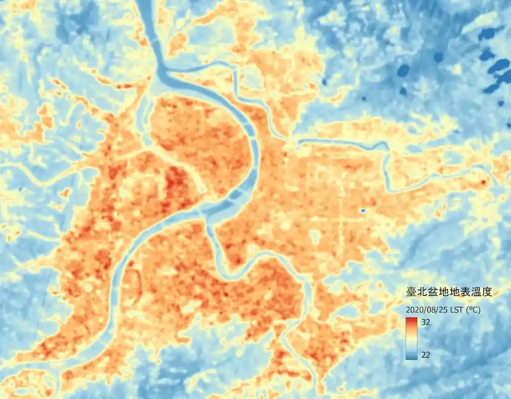 圖三 2020/08/05臺北盆地地區地表植被與都市化地區分布(左)與地表溫度分布(右)